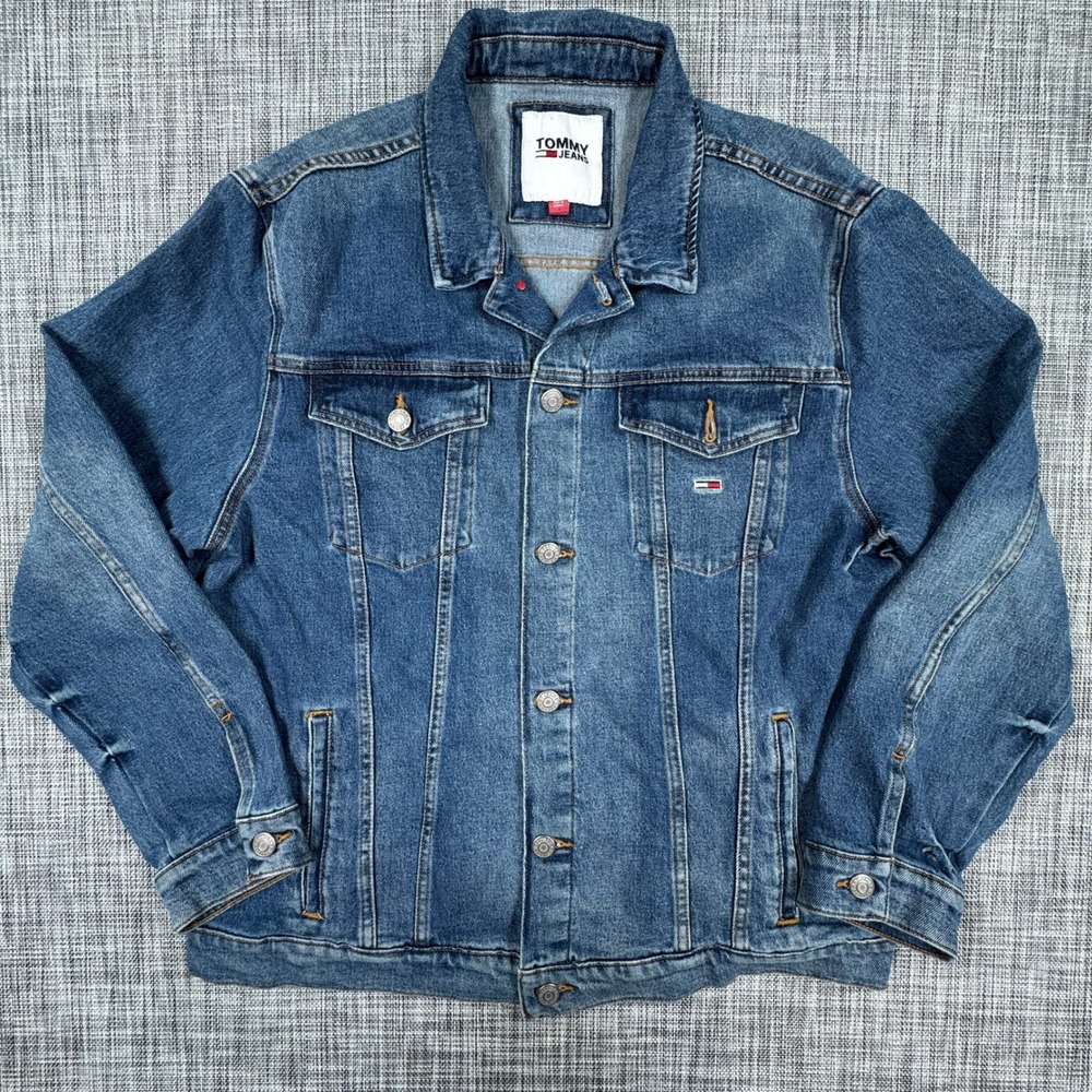Tommy Jeans Denim Trucker Jacket Mens XXL Blue Stretch Button Front Pockets